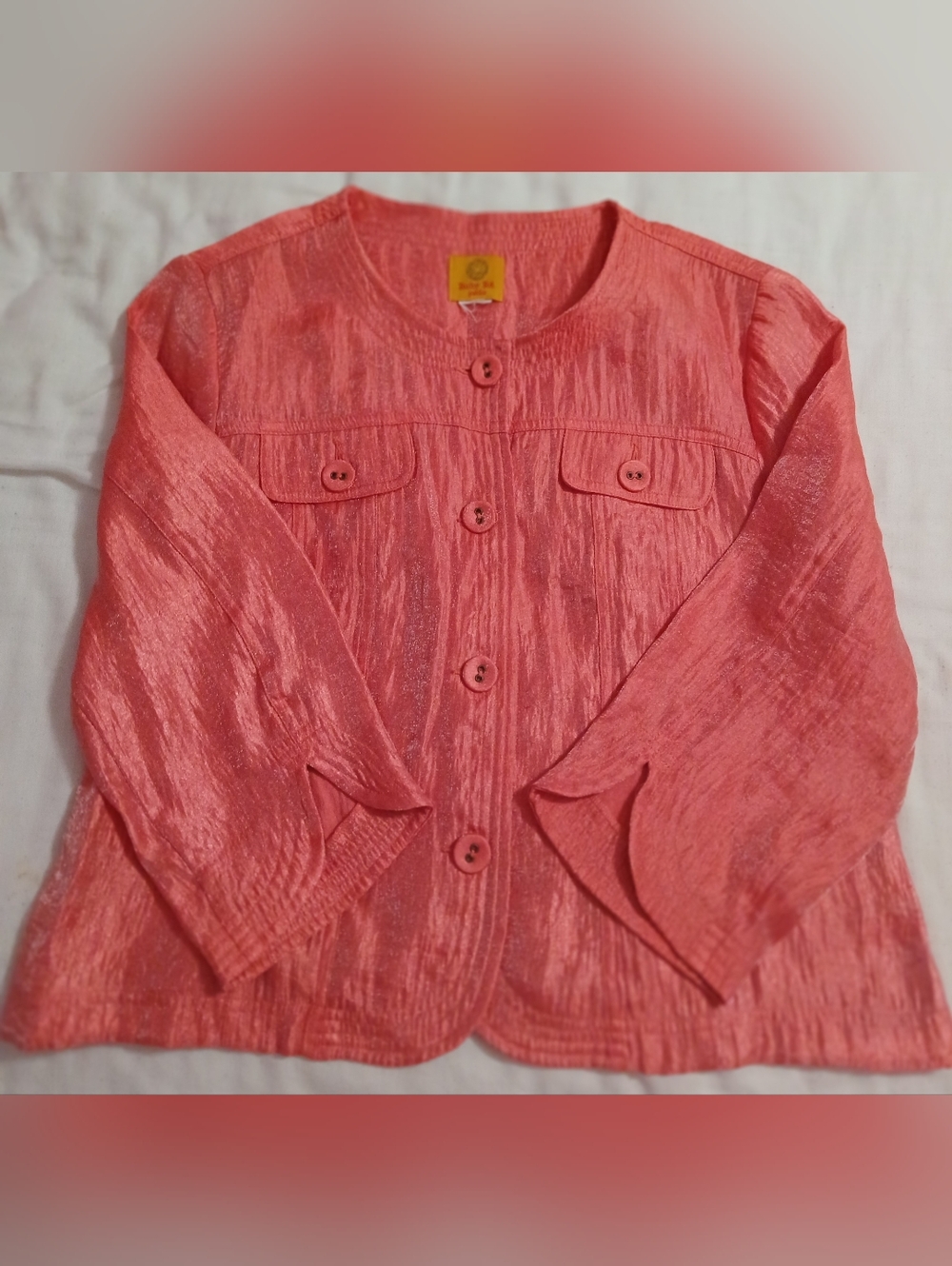Ruby Rd coral  Metallic Button up blazer 8P Womens 3/4 Sleeve Rayon Pockets